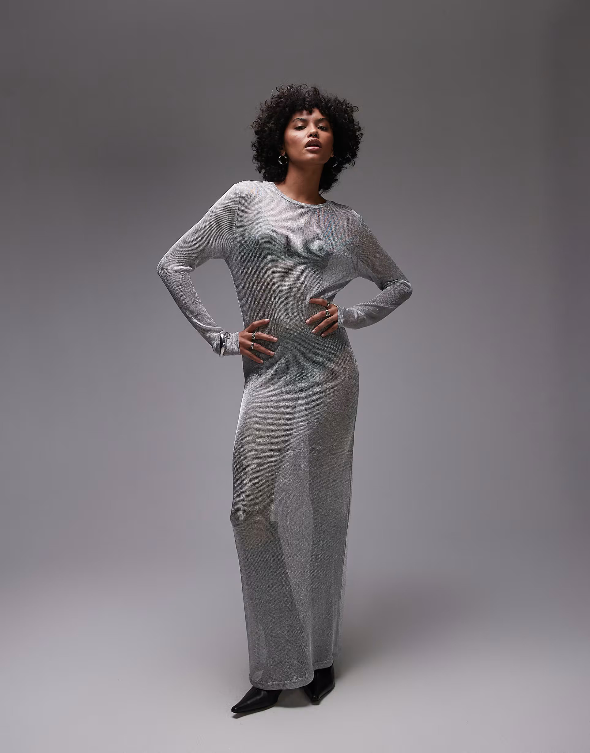 Topshop sheer metallic long sleeve dress  in silver | ASOS (Global)