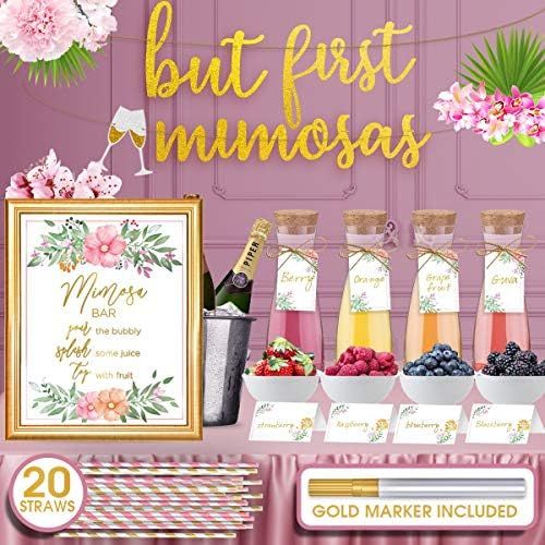 Mimosa Bar Sign But First Mimosas - Gold foil poster,4 Bottle Tags, 20 Striped Paper Straws, 4 Ta... | Amazon (US)
