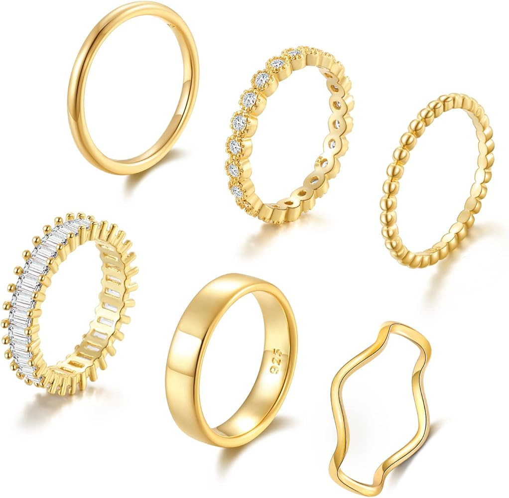 OPFIV 6Pcs 14K Gold Plated Stacking Rings for Women Teen Cubic Zirconia Wave Stackable Thin Gold ... | Amazon (US)