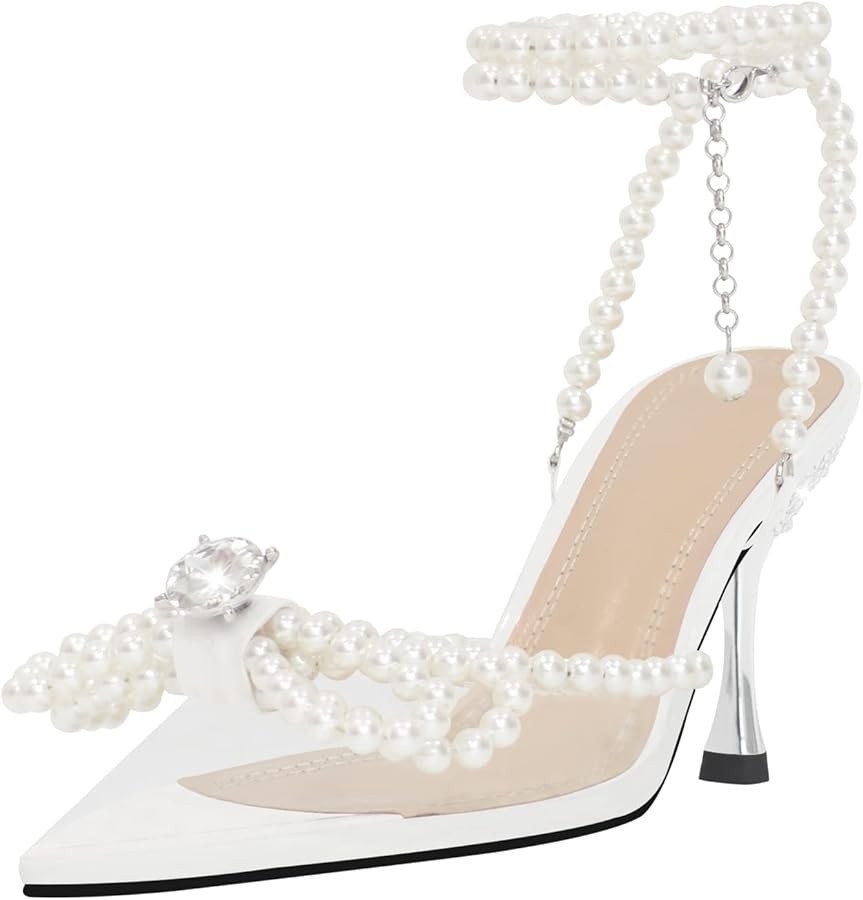 MissHeel White Pearl Heels Ankle Strap Bow Heels 3inch | Amazon (US)