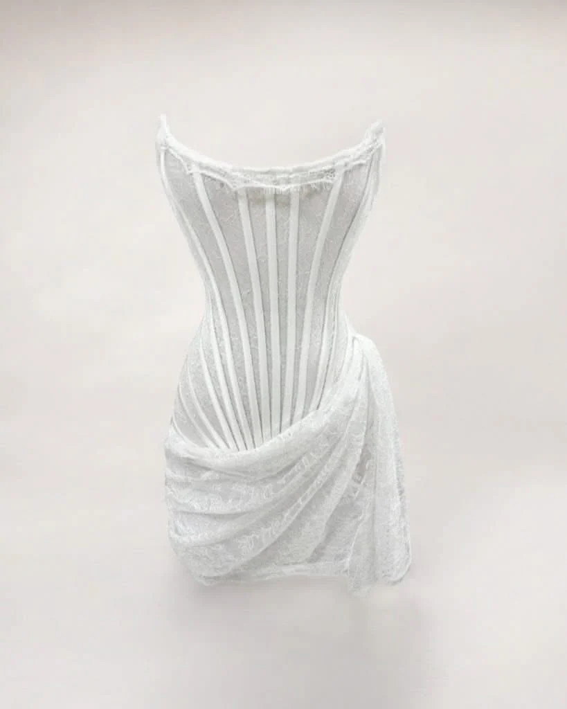 White lace mesh corset drape mini dress | Heiress Beverly Hills