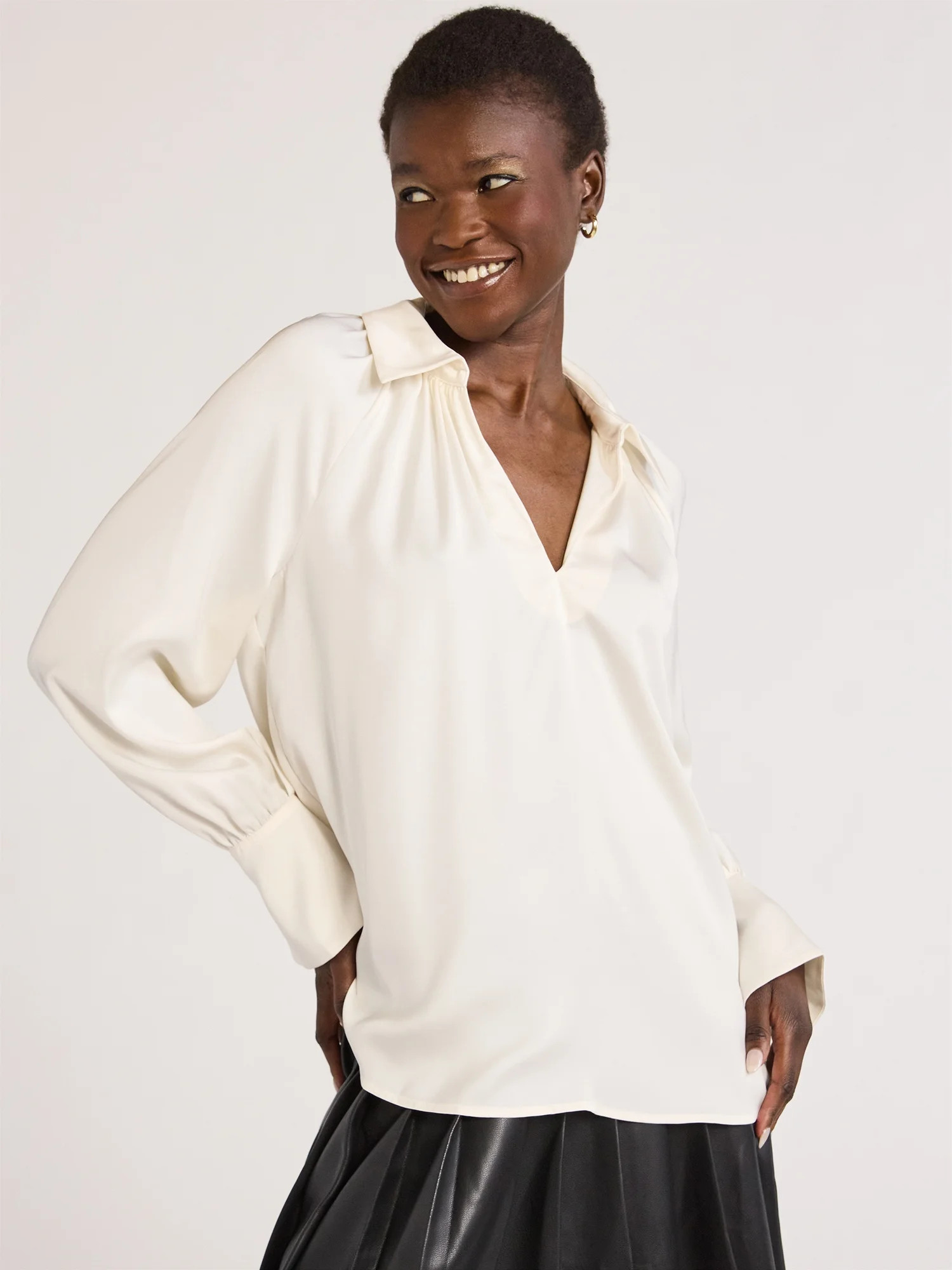 Scoop Women’s V-Neck Popover Matte Satin Blouse with Long Sleeves, Sizes XS-XXL | Walmart (US)