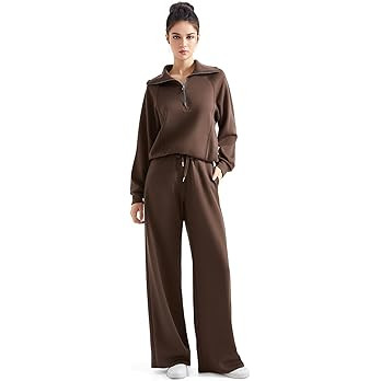 SUUKSESS Women 2 Piece Lounge Matching Set Wide Leg Sweatpant Half Zip Sweatshirt | Amazon (US)