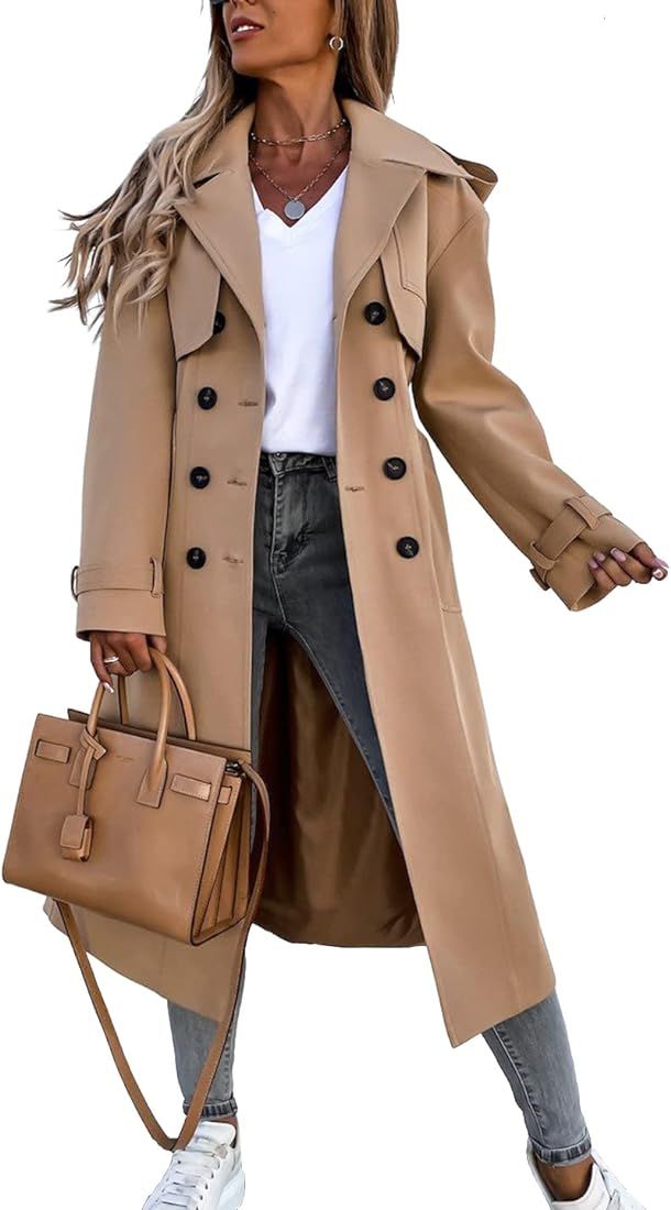 Fisoew Women's Double Breasted Long Trench Coat Windproof Classic Lapel Belted Overcoat with Pock... | Amazon (US)