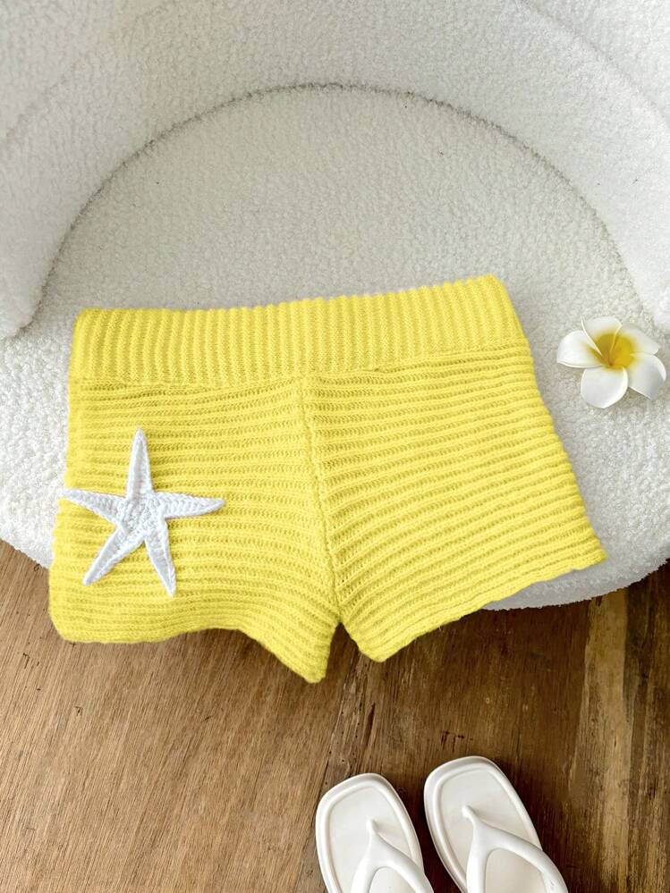 Elamini Hand Crocheted Starfish Pattern Yellow Knitted Shorts | SHEIN