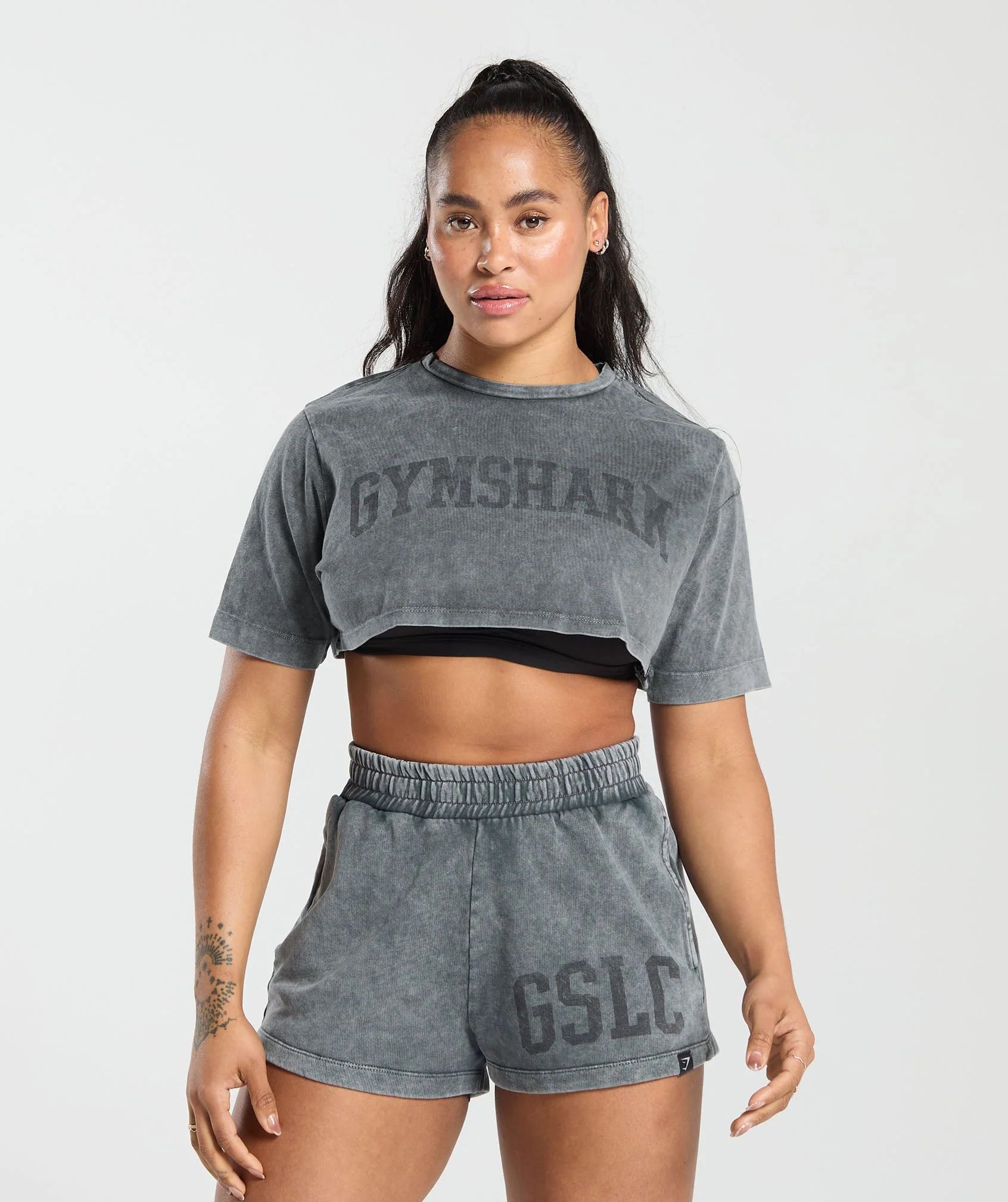 Gymshark Collegiate Shadow Washed Crop Top - Asphalt Grey | Gymshark US