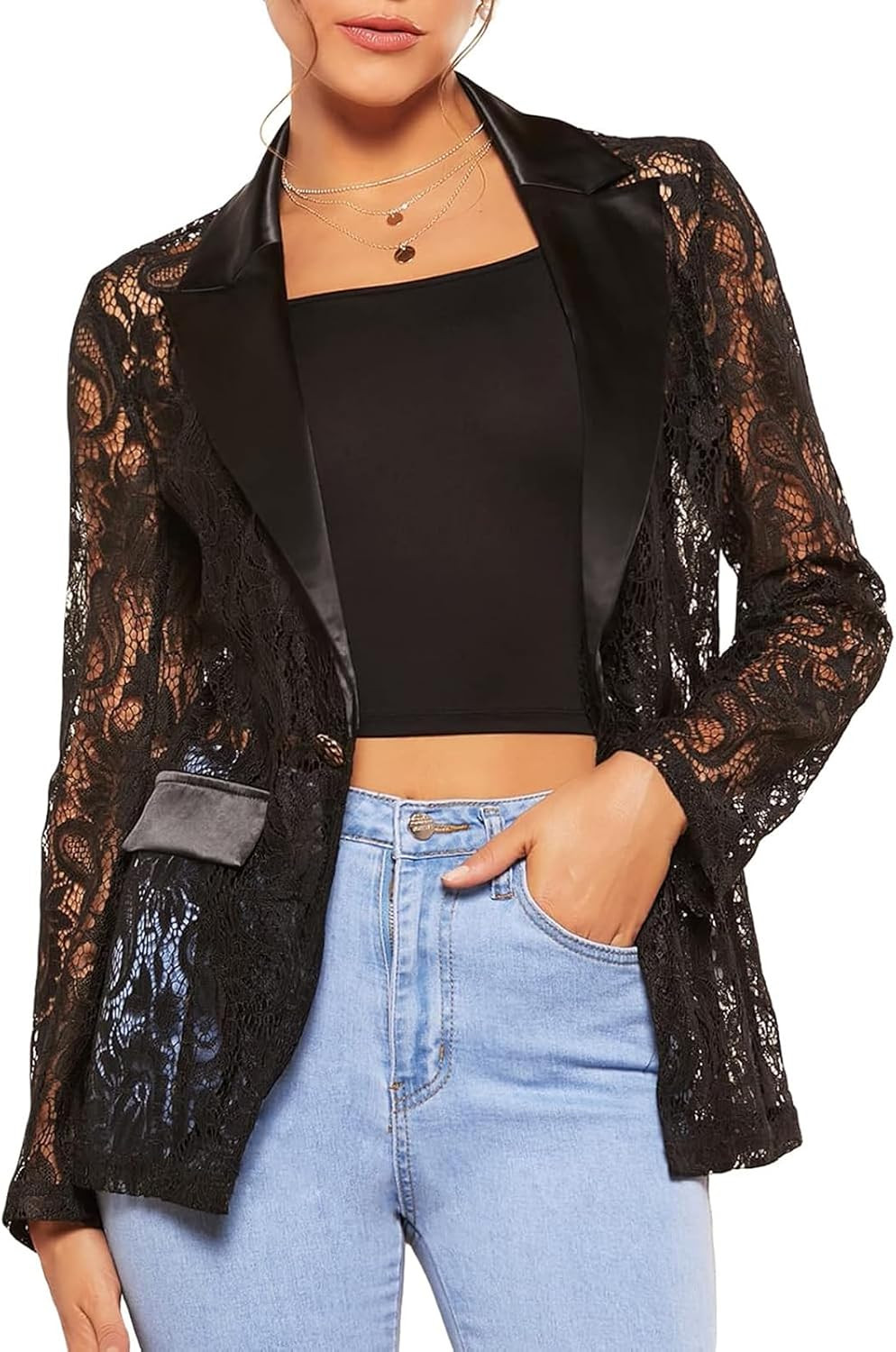 Women's Fashion Floral Lace Blazer Single Button Lapel Neck Sheer Mesh Jacket | Amazon (US)