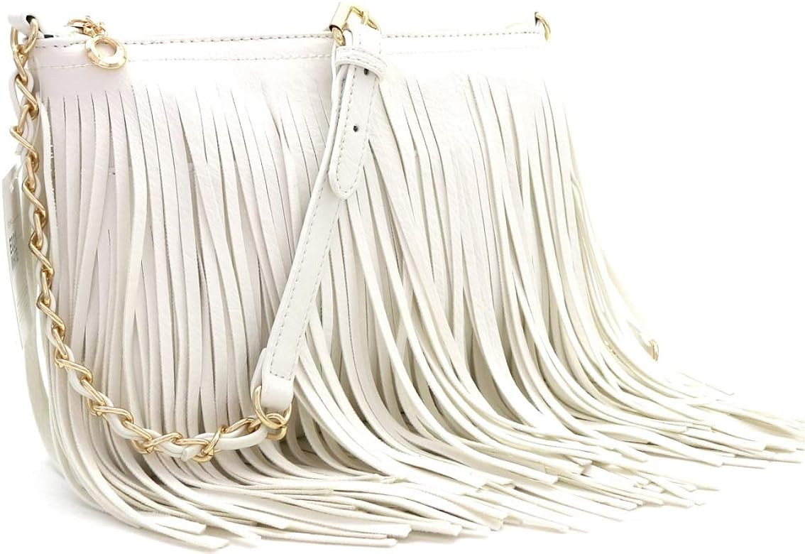 Front and Back Both Side Fringed Soft PU Leather Medium Long Cross Body Messenger Shoulder Bag | Amazon (US)