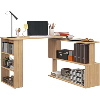 HOMCOM 55" 360° Rotating Corner Computer Desk Modern L-Shaped Home Office Workstation with 3-Tier Storage Shelves, Bookshelf, Black | Amazon (US)