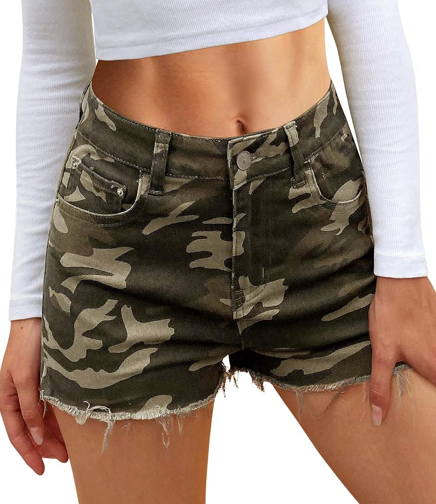 POTILI Womens Jean Shorts High Waisted Denim Short Ripped Frayed Casual Stretchy for Summer camo ... | Amazon (US)