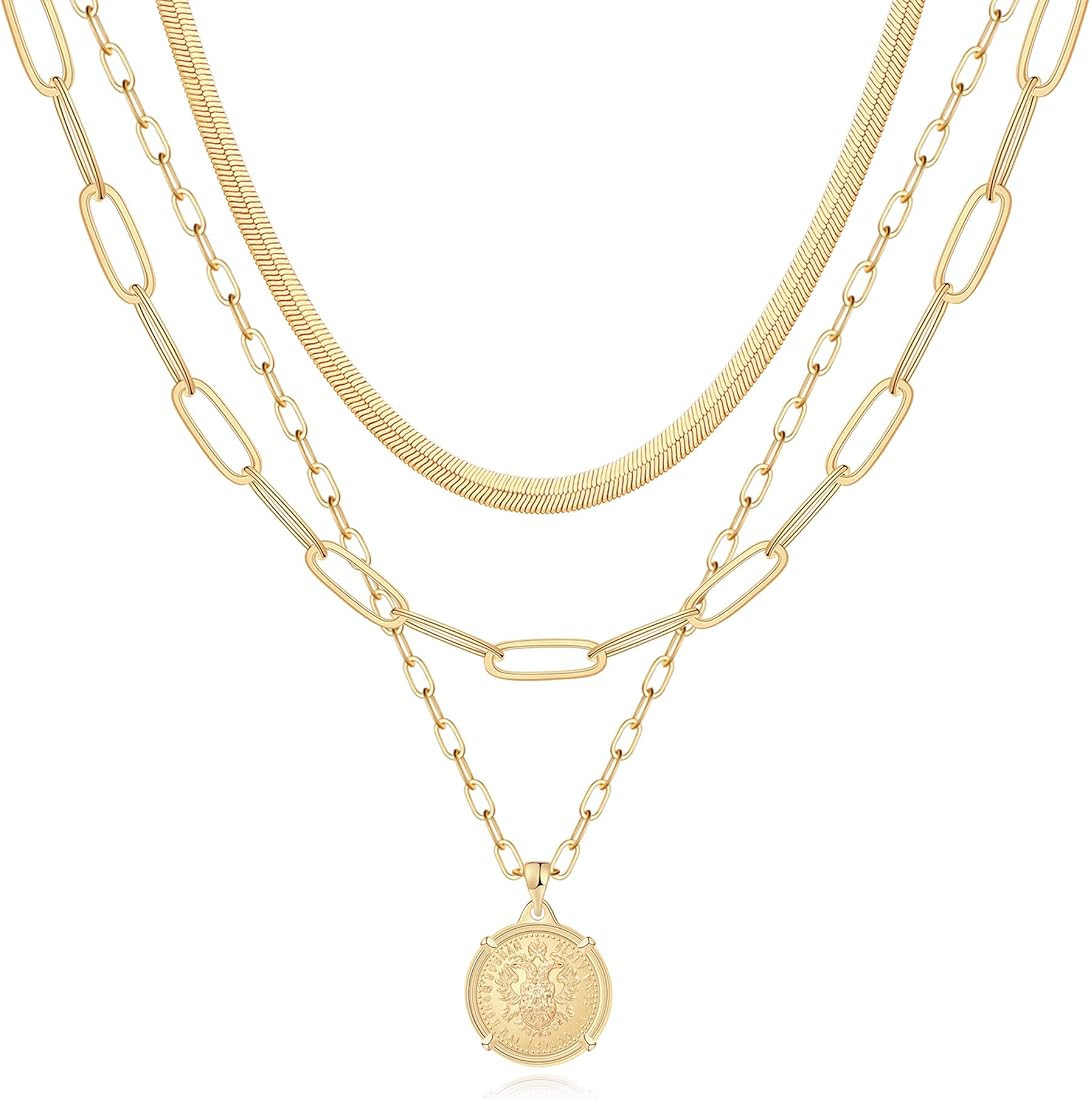 Hidepoo Gold Layered Necklaces for Women, 14K Gold Plated Dainty Coin Pendant Choker Necklace Her... | Amazon (US)