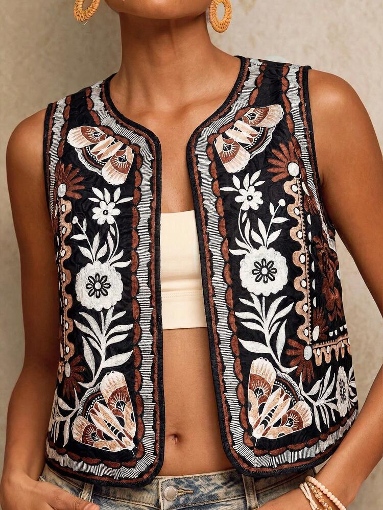Travachic Women's Floral Parrot Embroidered Open Front Lightweight Vest Jacket, Boho Jamican Vint... | SHEIN