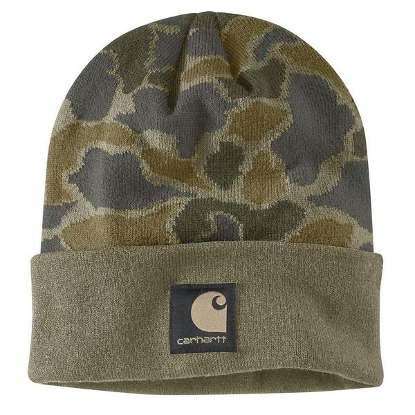 Carhartt Knit Cuffed Camo Work Beanie One Size Burnt Olive Vintage Camo | Scheels Sports