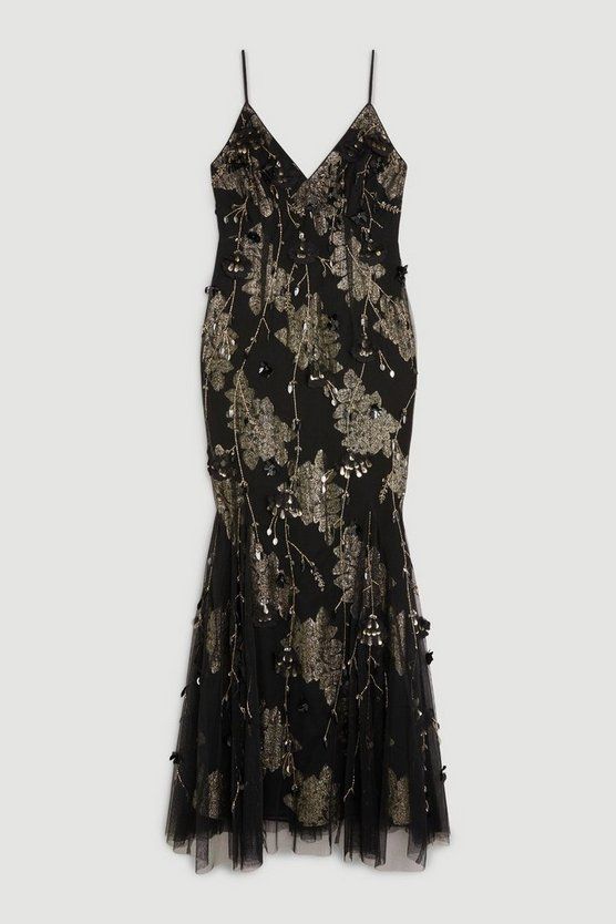 Floral Applique Metallic Thread Strappy Woven Maxi Dress | Karen Millen US