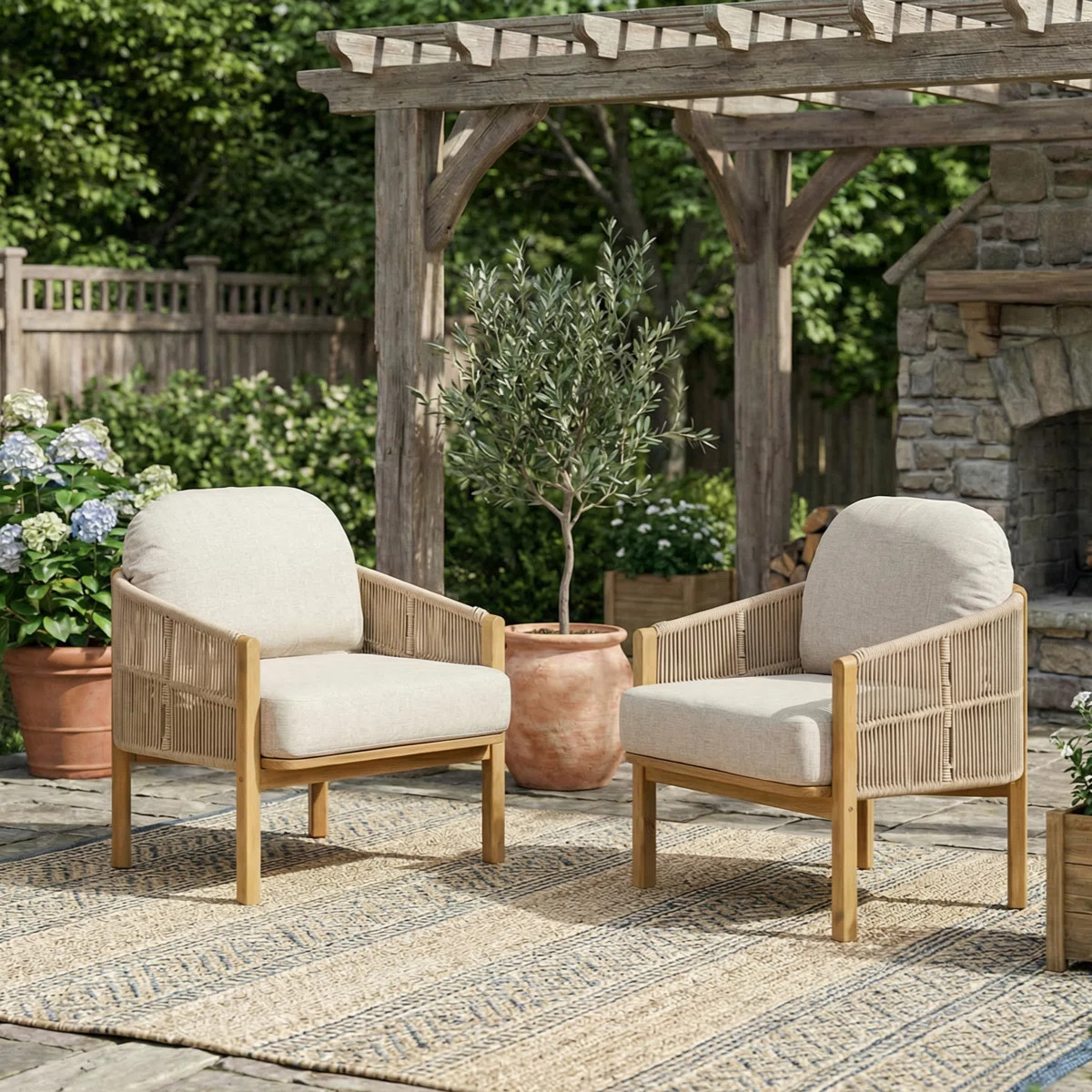 Jae Outdoor Acacia Wood Woven Rope Lounge Chair With Cushions (Set of 2) | Wayfair North America