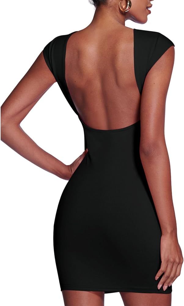 Verdusa Women's Backless Round Neck Cap Sleeve Bodycon Mini Clubwear Dress | Amazon (US)