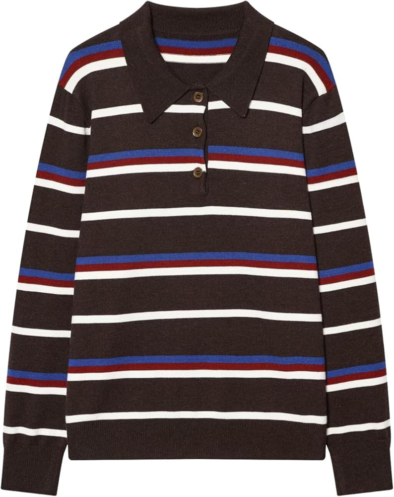 Chevara Women’s Striped Combined Knit Polo Shirt Stylish Oversized Polo Collar Long Sleeve Pull... | Amazon (US)