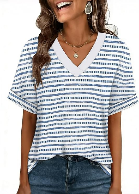 WIHOLL Womens Oversized V Neck Tshirts Plus Size Summer Tops 2026 Short Rolled Sleeve Shirts Dres... | Amazon (US)