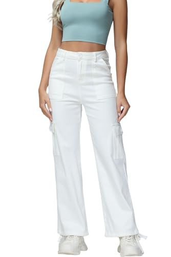 GUNLIRE White Cargo Pants for Women Baggy High Waisted Wide Leg Y2K Stretch Drawstring Cuffs Casual Pants Streetwear with 6 Pockets,3202,10 | Amazon (US)