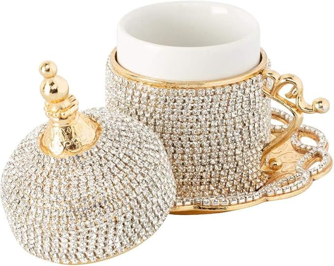 Demmex Turkish Coffee Espresso Cup with Inner Porcelain, Metal Holder, Saucer and Lid (Gold with ... | Amazon (US)