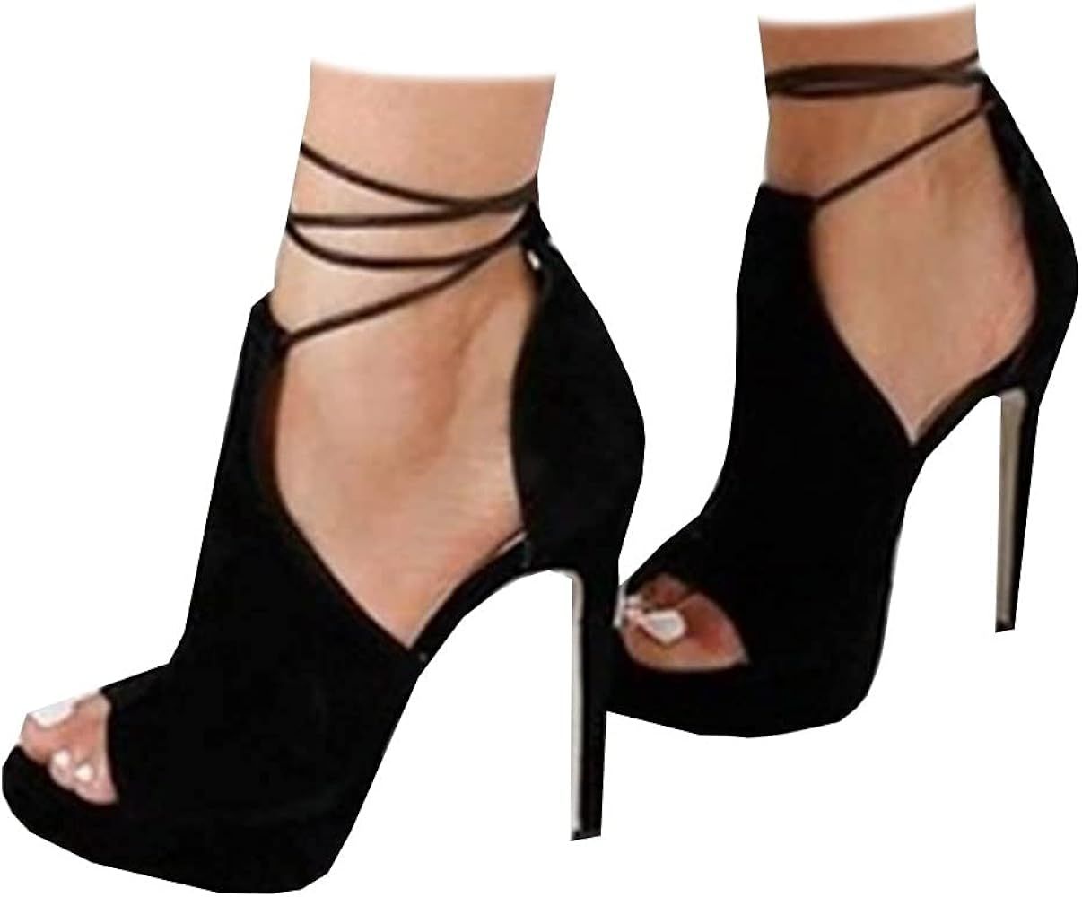 Womens Peep Toe Platform Heels Sexy Sandals Strappy Lace Up Tie Stilettos Dress Pumps Shoes | Amazon (US)
