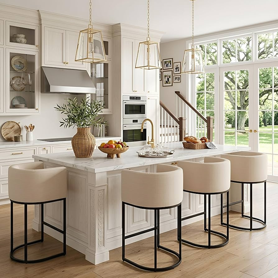 HNY Modern Counter Height Linen Fabric Cream Upholstered Counter Stools Set of 4, 29 Inch Kitchen... | Amazon (US)