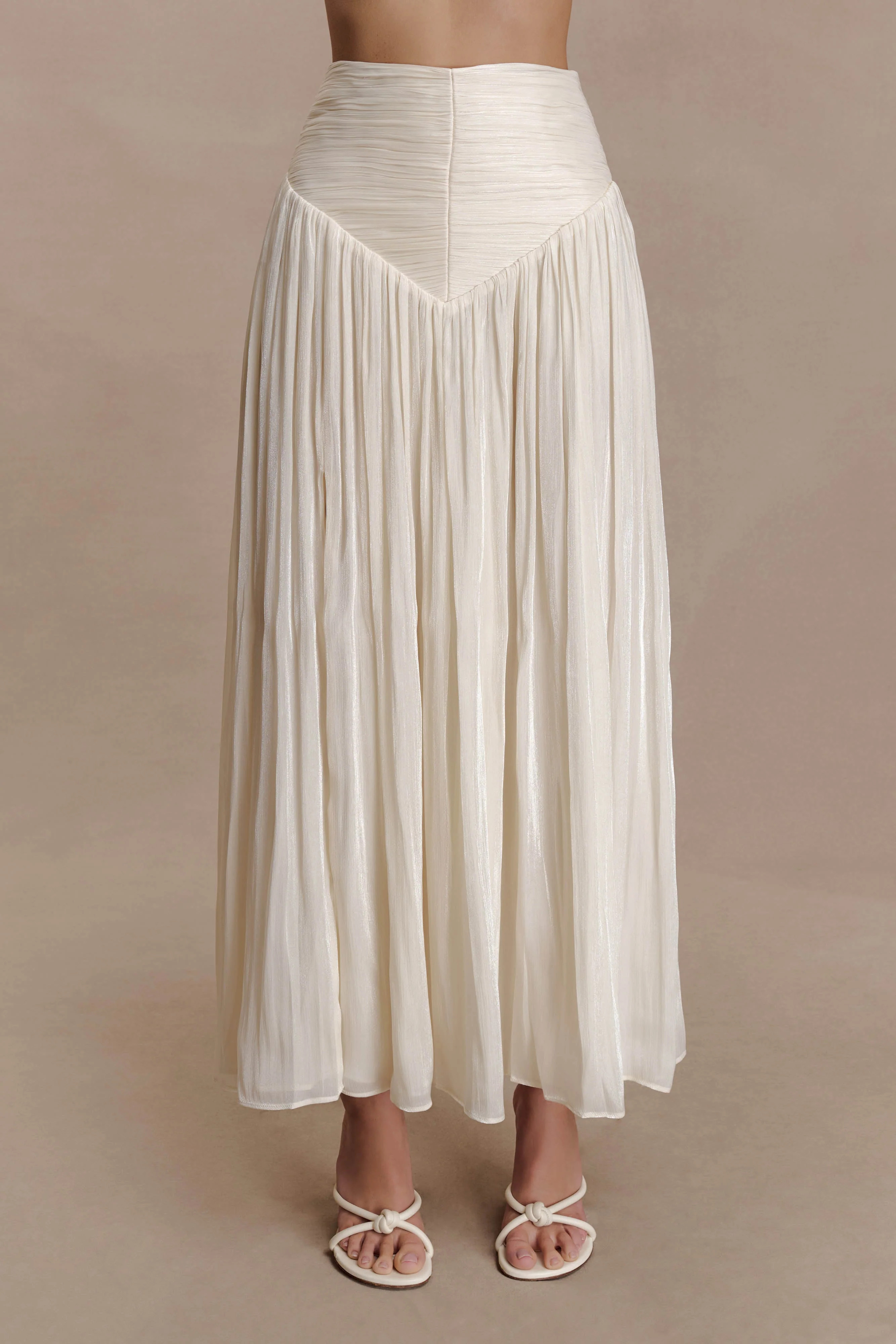 Makena Gathered Midi Skirt - Opal White | MESHKI US
