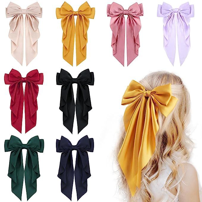 8Pcs Big Satin Layered Hair Bows for Women Girls 8 Inch Barrette Hair Clip Long Black Ribbon Bows... | Amazon (US)