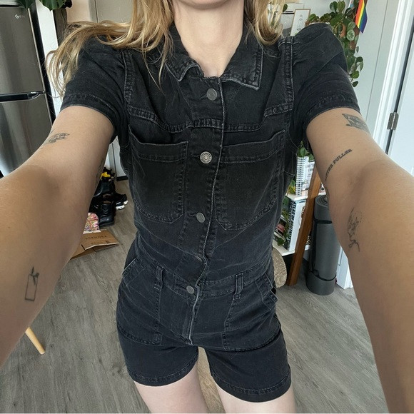 Puff Sleeve Black Denim Romper | Poshmark