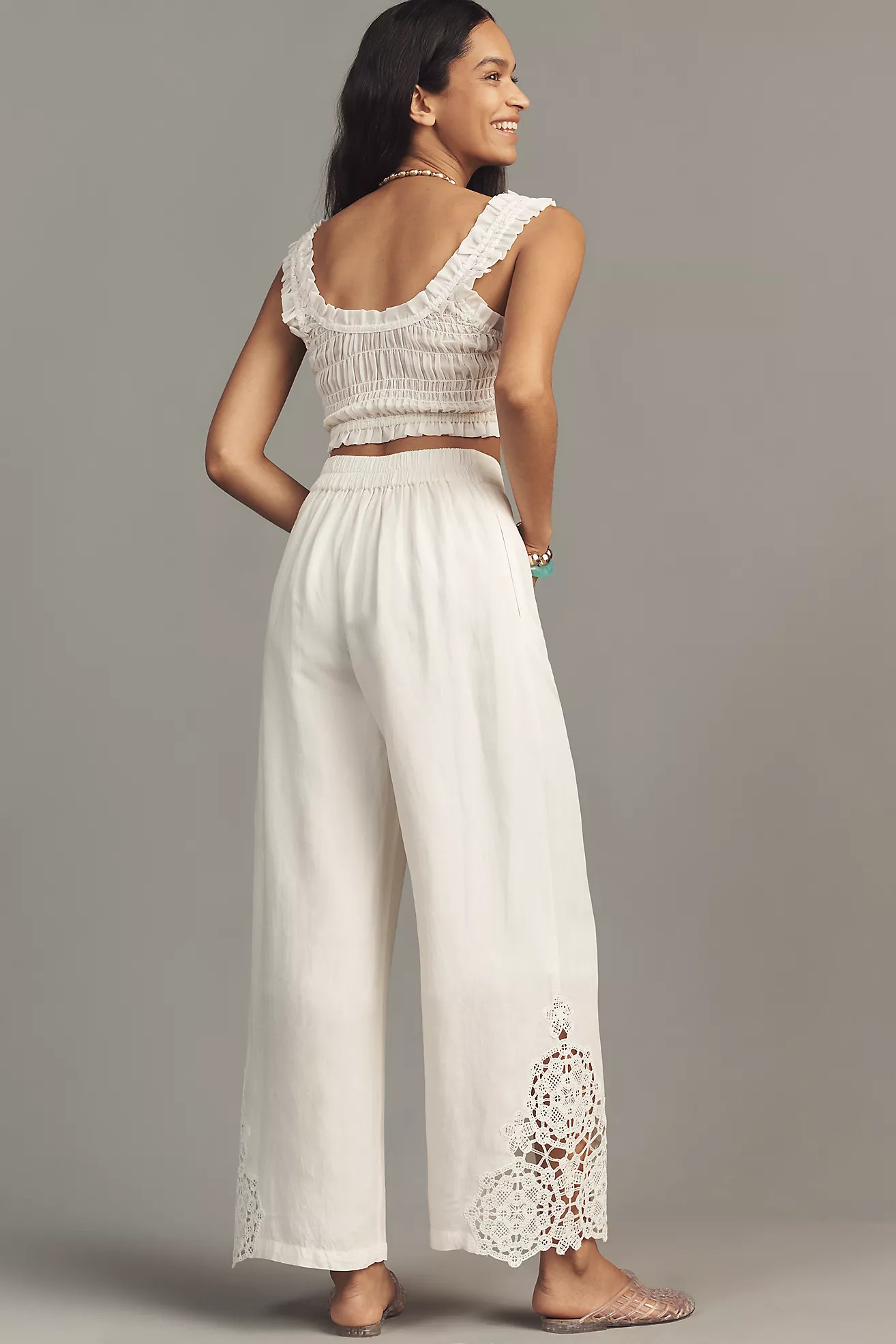 Ranna Gill Linen Blend Embroidered Wide-Leg Pants | Anthropologie (US)