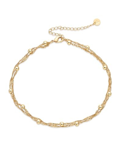 PAVOI 14K Yellow Gold Plated Beaded Double Chain Anklets for Women | Dainty Layered Adjustable Boho Anklet | Amazon (US)
