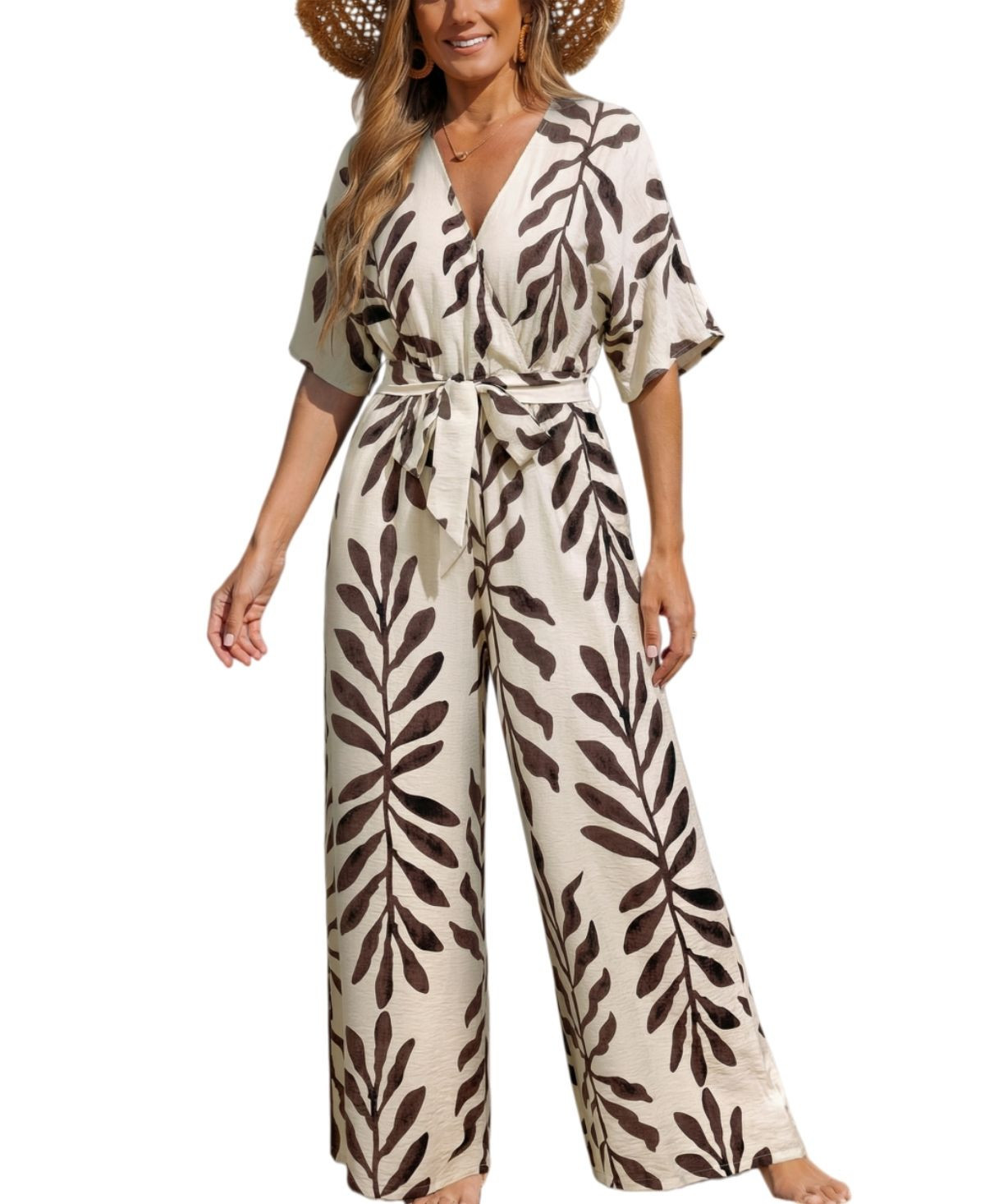 Cupshe Women's Floral Print V-Necktie Front Jumpsuit - Light beige | Macy's