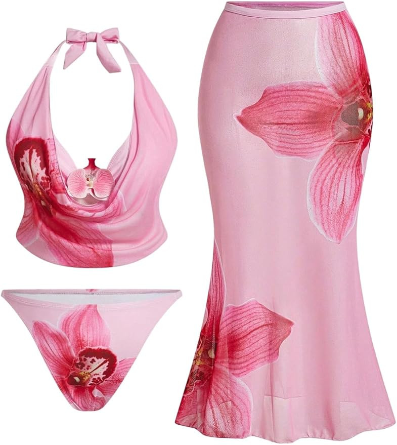 Verdusa Women's Plus Size 3 Piece Boho Halter Bikini Set 3D Floral Swimsuits with Cover Up Skirt | Amazon (US)