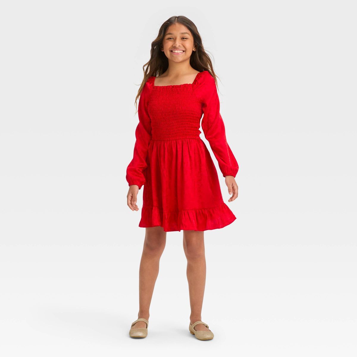 Girls' Long Sleeve Jacquard Smocked Bodice Dress - art class™ | Target