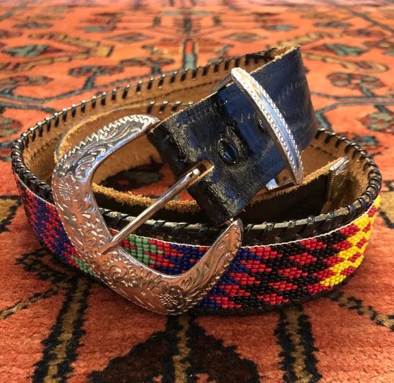 Vintage Colorful Beaded Southwestern Leather Belt | Etsy (US)
