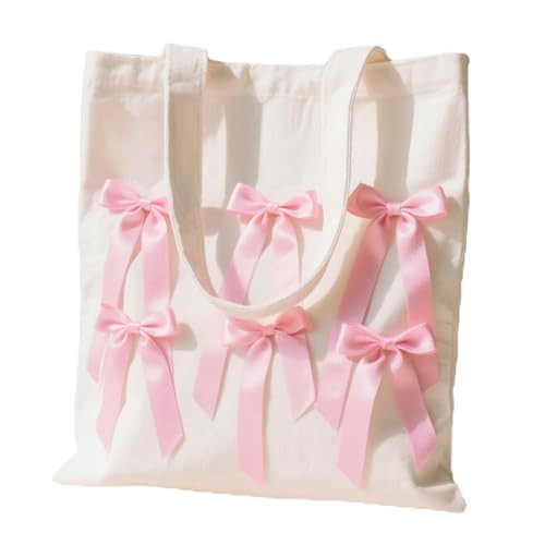 ZhowHoHo Coquette Pink Bows Preppy Canvas Tote Bag Aesthetic for Women, 3D Pink Bow Tote Bag, Coquette Bag, Shopping Bags | Amazon (US)
