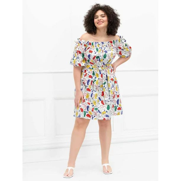 ELOQUII Elements Women's Plus Size Floral Print Off-The-Shoulder Trapeze Dress | Walmart (US)