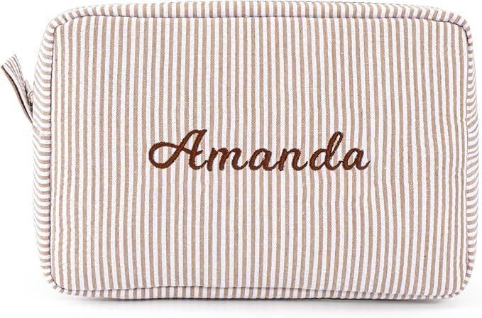MT WORLD Cosmetic Bag Personalized Makeup Bag for Women Girls Seersucker Preppy Bridesmaid Makeup... | Amazon (US)