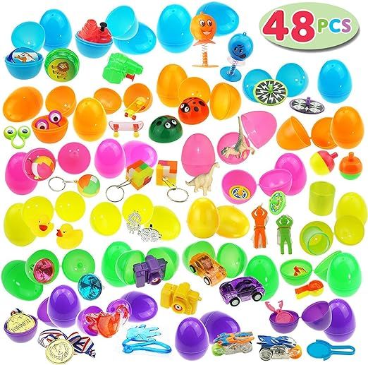 JOYIN 48 Toys Filled Easter Eggs, 2.5 Inches Bright Colorful Prefilled Plastic Easter Eggs with 2... | Amazon (US)