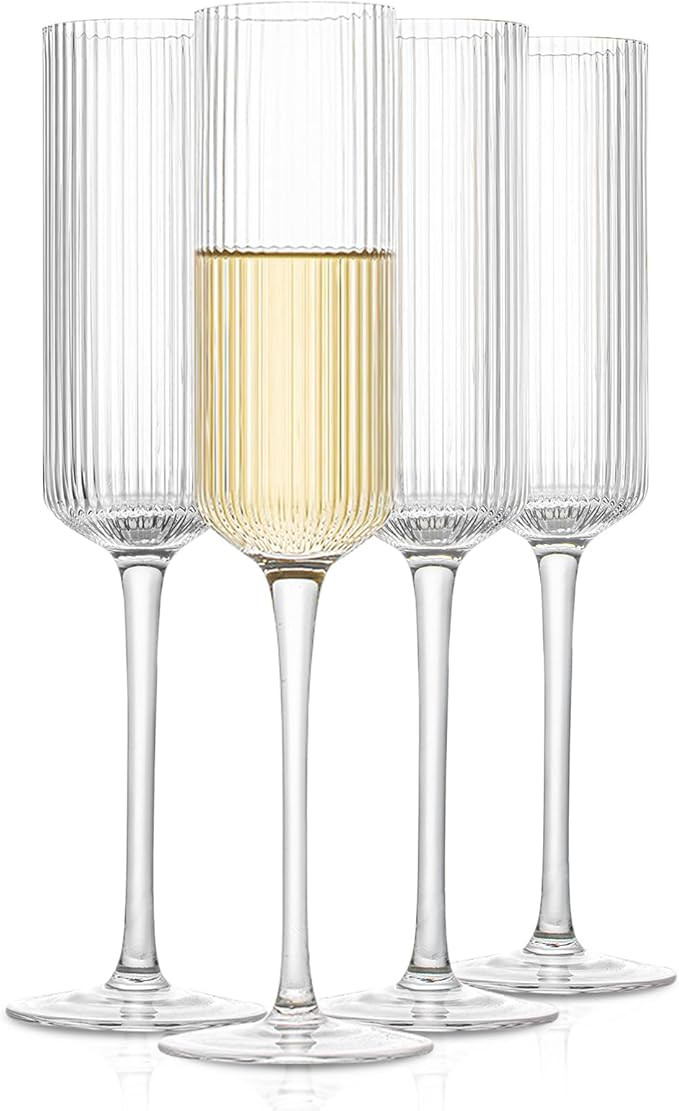 INSETLAN Ribbed Champagne Flutes - Set of 4, 8.5 oz Handmade Lead-Free Crystal Glasses with Elega... | Amazon (US)