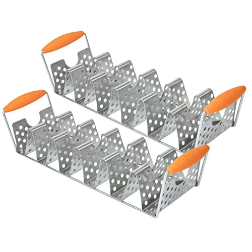 BLACKSTONE 5173 Deluxe Holder Stand Pack of 2 Stainless Steel Racks with Heat Resistant Handles-One Tray Holds 6 Tacos-Dishwasher Safe, Orange/Silver | Amazon (US)