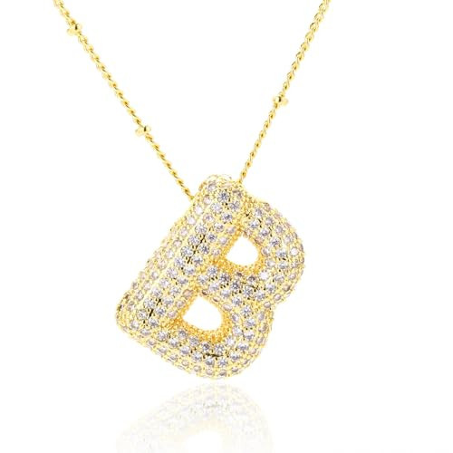 evoklo Bubble Letter Necklace Gold, Iced Out Balloons Initial Necklaces for Women Gold Statement Jewelry Fashion Necklace Teen Gifts -B Necklace | Amazon (US)