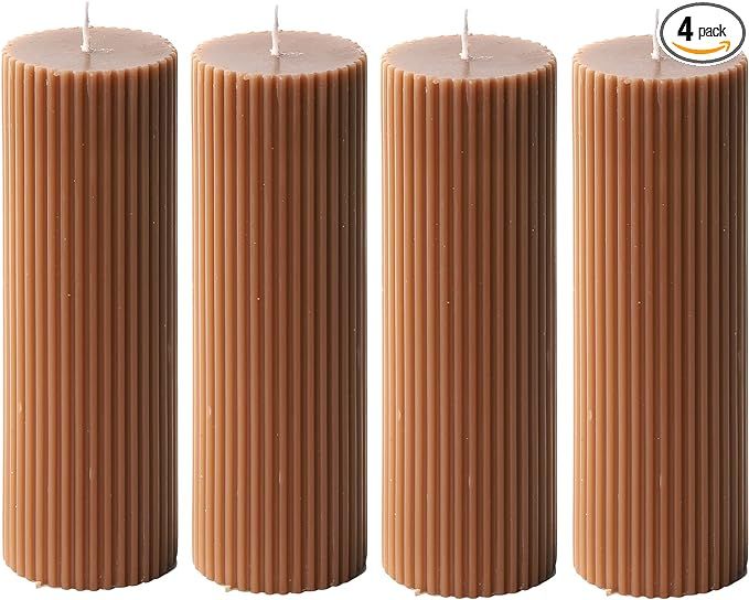 Ribbed Pillar Candles 2x6'' Fluted Column Modern Home Décor Soy Wax Handmade (4 Packs, Brown) | Amazon (US)