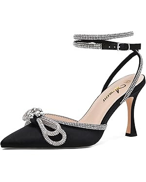 Athlefit Women's Rhinestone Bow Heels Ankle Strap Pointed Toe Stiletto Heeled Sandals Wedding Bri... | Amazon (US)