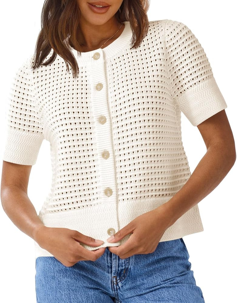 Saodimallsu Womens Crochet Short Sleeve Cardigans Button Up Crew Neck Summer Beach Knit Sweater T... | Amazon (US)