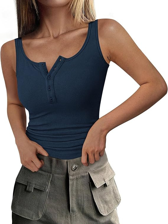 PRETTYGARDEN Womens 2026 Summer Tank Tops Ribbed Knit Slim Fit Sleeveless Henley Shirts Casual Ba... | Amazon (US)