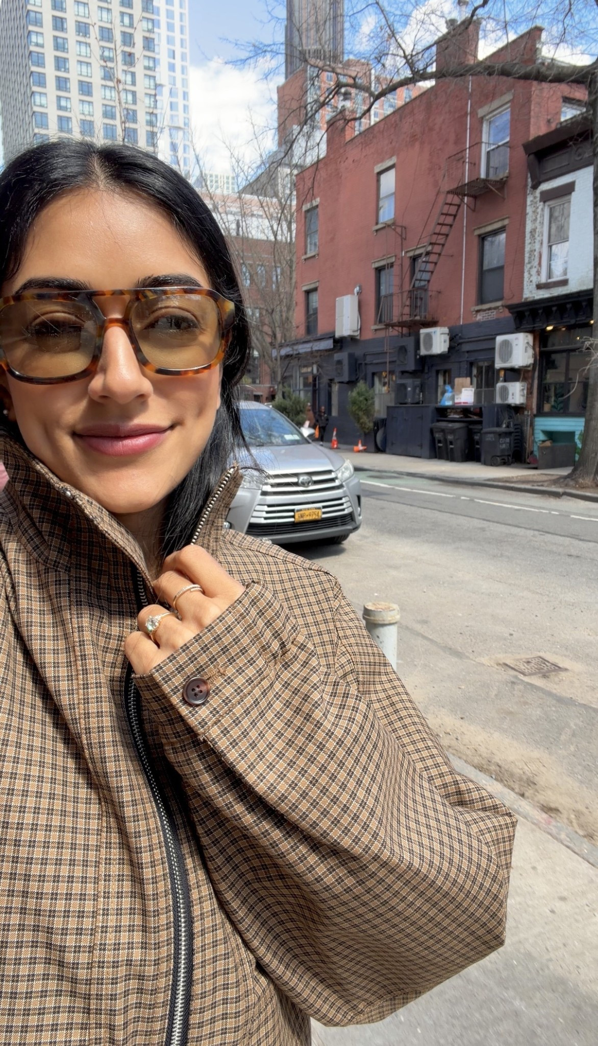 Love this high collar jacket from Mango for spring wearing a size small. Sunglasses are from
Vehla 