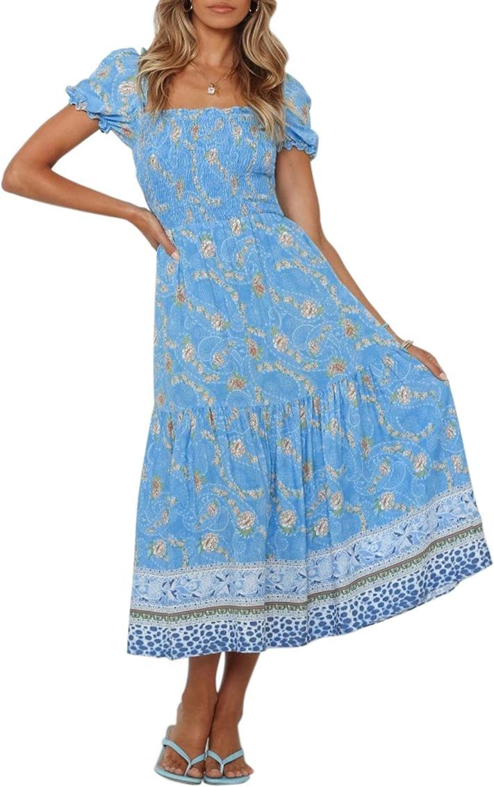 ZESICA Women's Summer Boho Floral Print Square Neck Ruffle Swing Beach Long Maxi Dress | Amazon (US)