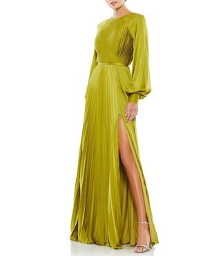 Crew Neck Long Blouson Cuff Sleeve Pleated High Slit Gown | Dillard's