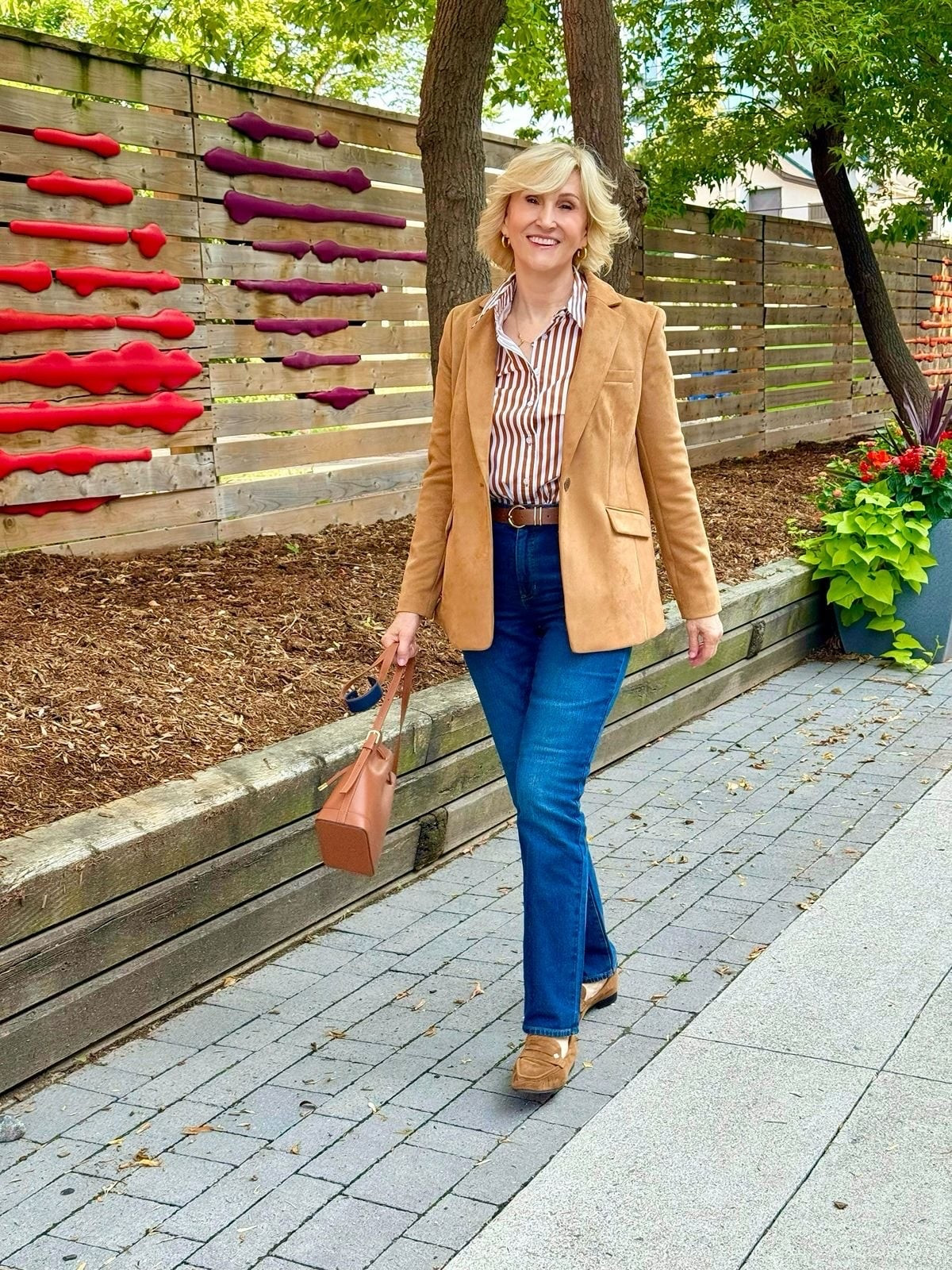Camel, white and denim together just feels effortlessly polished. 🤎

I love how this Talbots look takes a classic striped collared shirt and layers it under a soft faux suede blazer for a little extra fall texture. Add your favourite denim and loafers, and you have an outfit that feels pulled together without trying too hard.

This is definitely the kind of everyday fall outfit I’d reach for again and again. 🍂